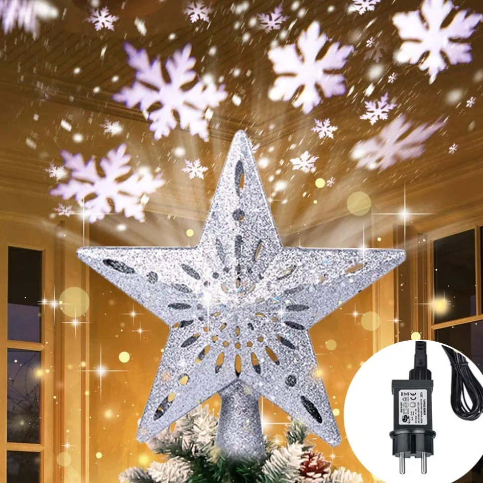 Cimier De Sapin De Noël : Projecteur D'étoiles Et Flocons Argent